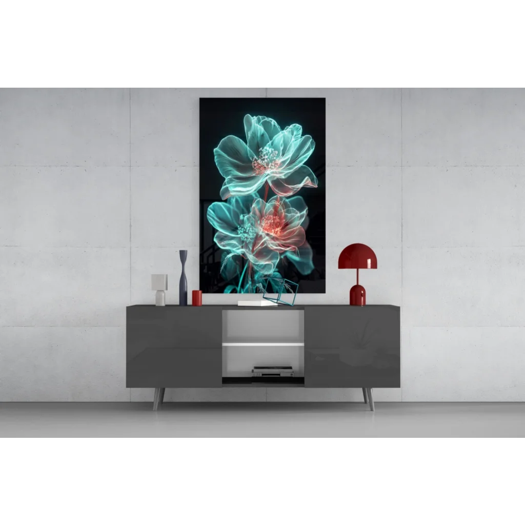 Striking teal pink floral x-ray glass wall art on gray console