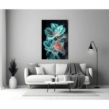 Vibrant glowing teal pink floral glass wall art print