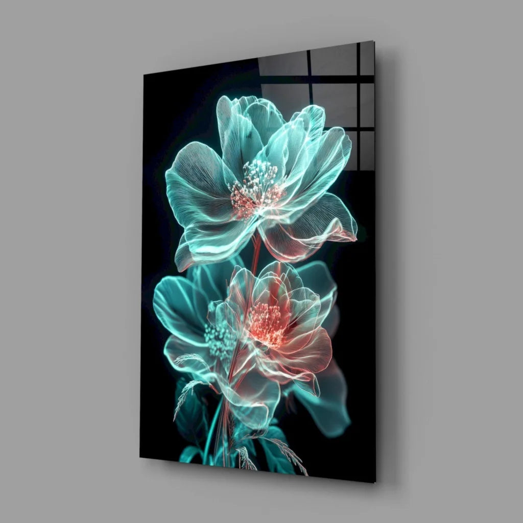 Sleek glowing teal pink floral glass wall art with translucent petals