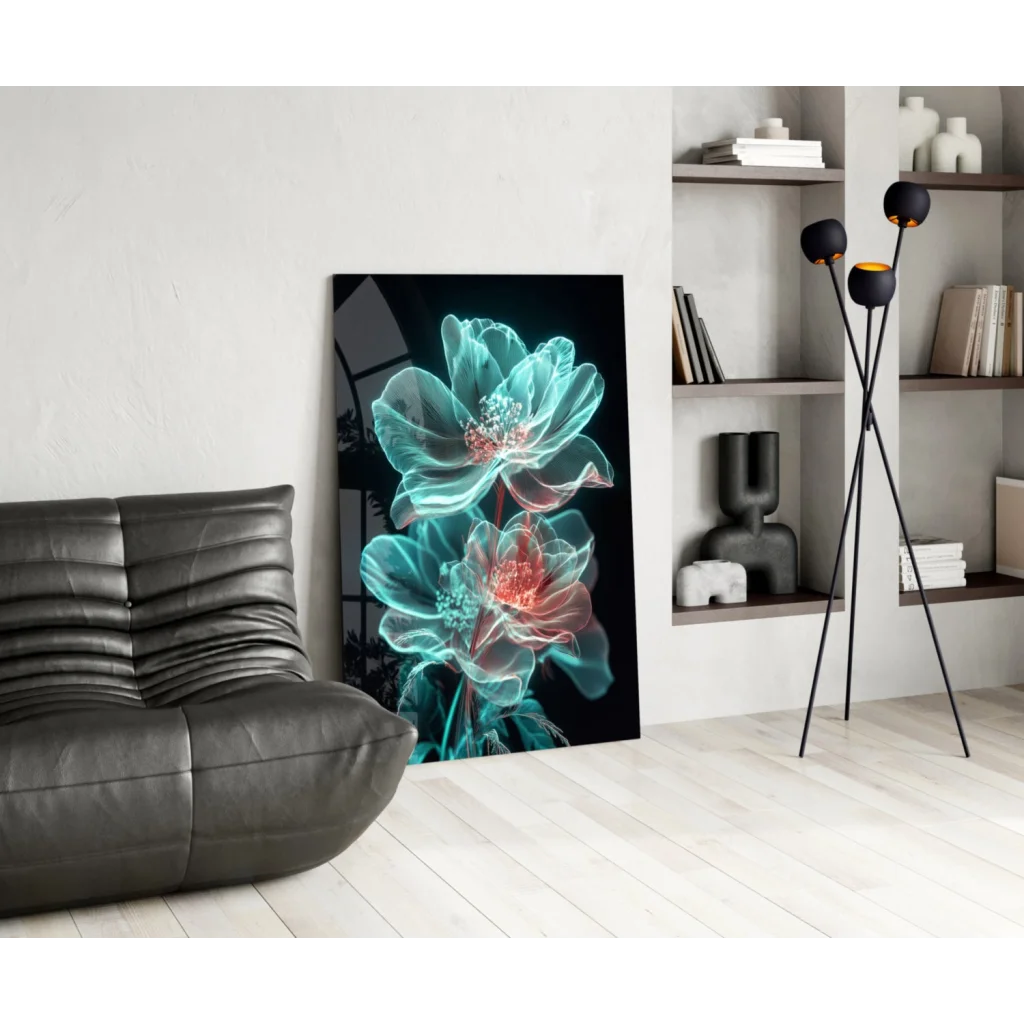 Glowing teal pink floral glass wall art print with translucent petals on black background