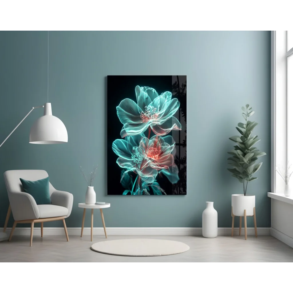 Glowing teal pink floral glass wall art with translucent petals on black background