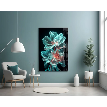 Glowing teal pink floral glass wall art with translucent petals on black background