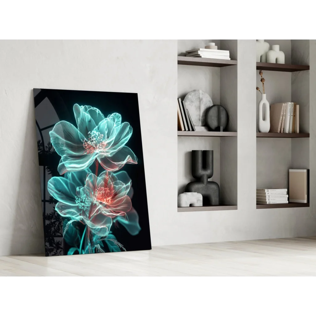 Glowing teal pink floral glass wall art with x-ray design