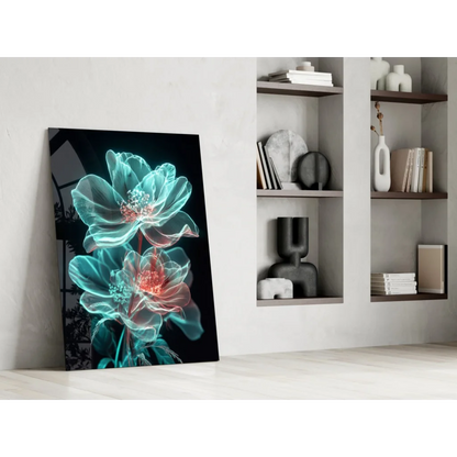Glowing teal pink floral glass wall art with x-ray design