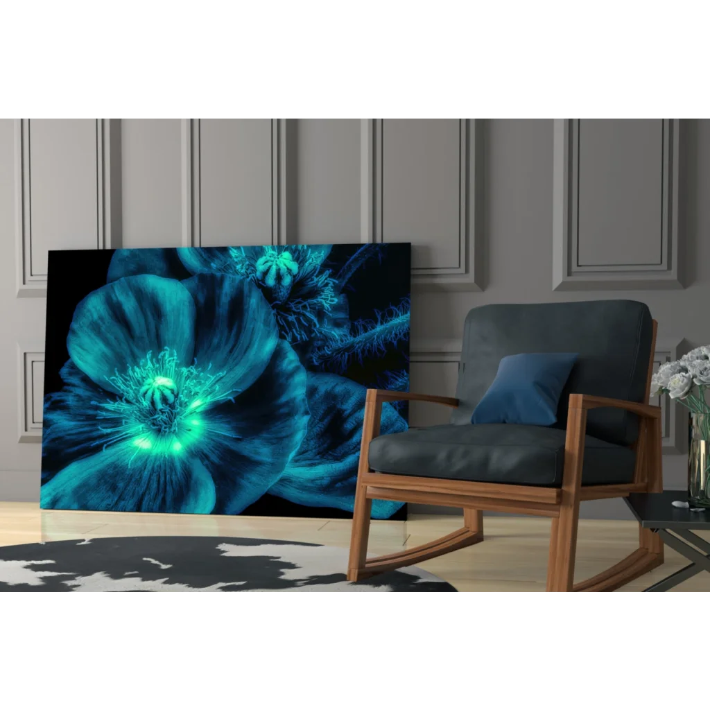Vibrant teal poppy wall art with glowing green petals on dark canvas