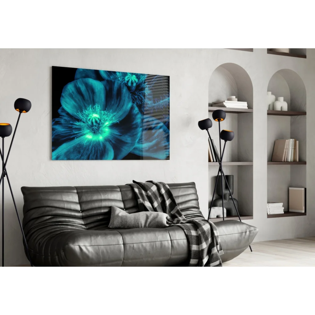 Glowing Teal Poppy Canvas Wall Art with Electric Green Center | Contemporary Home Wall Art | vintageantiquesgifts.com
