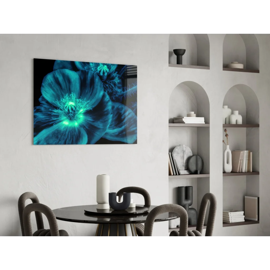 Vibrant teal-blue floral glass wall art with glowing green poppy center