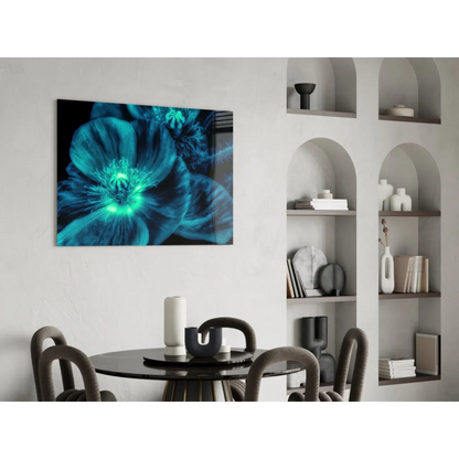 Vibrant teal-blue floral glass wall art with glowing green poppy center