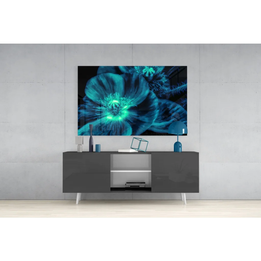 Vibrant teal poppy glowing wall art with electric green center