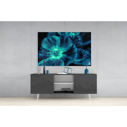 Vibrant teal poppy glowing wall art with electric green center