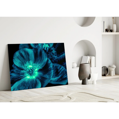 Glowing Teal Poppy Canvas Wall Art with Electric Green Center | Modern Wall Art Decor | vintageantiquesgifts.com