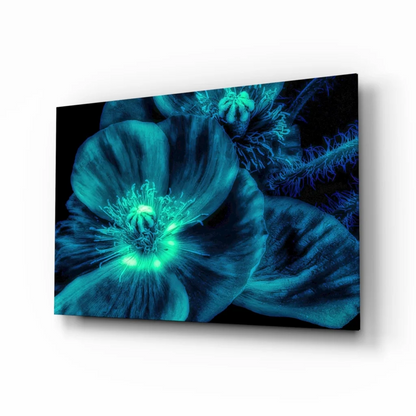 Glowing Teal Poppy Canvas Wall Art with Electric Green Center | Insigneart USA | vintageantiquesgifts.com