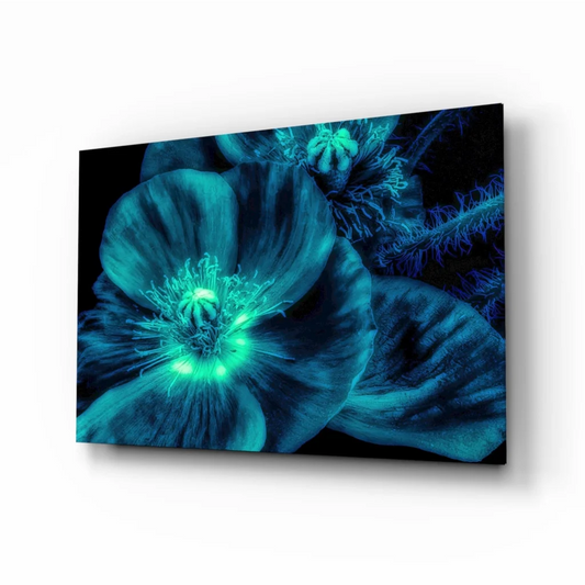 Glowing teal poppy wall art canvas print with electric green center
