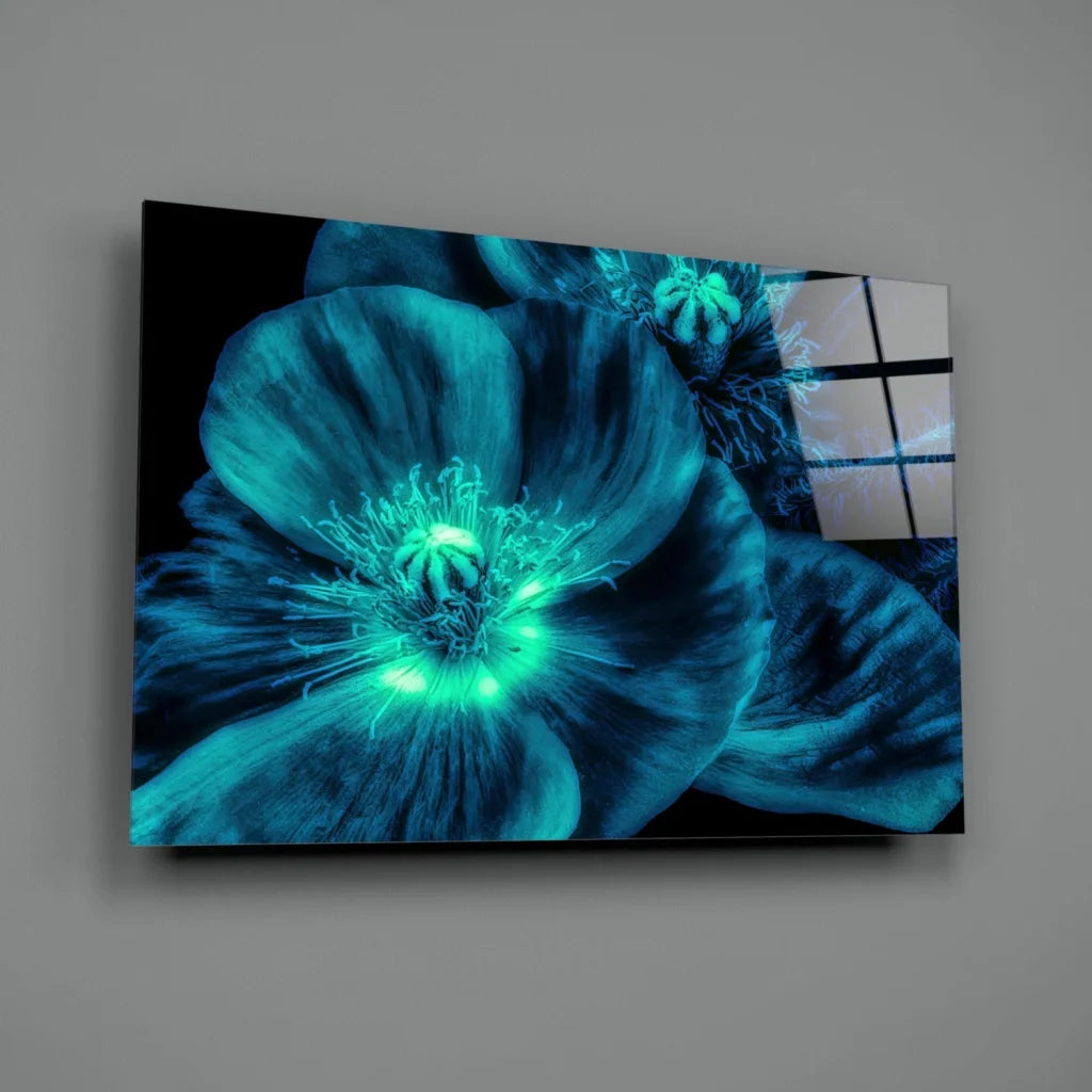 Glowing Teal Poppy Canvas Wall Art with Electric Green Center | Glass Wall Art Print | vintageantiquesgifts.com