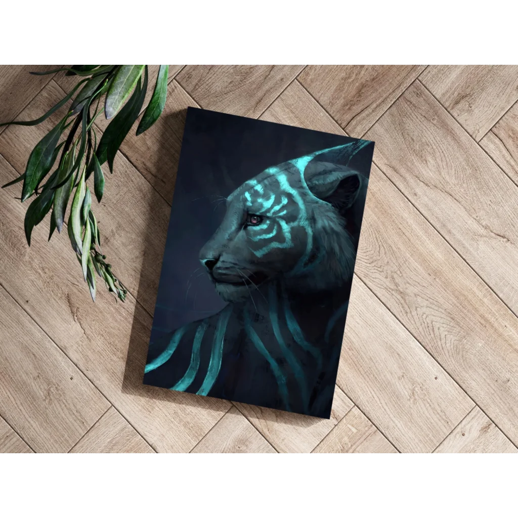 Stylized tiger with glowing teal stripes on dark canvas print