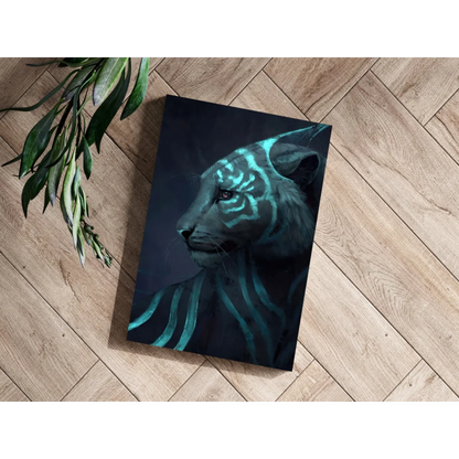 Stylized tiger with glowing teal stripes on dark canvas print