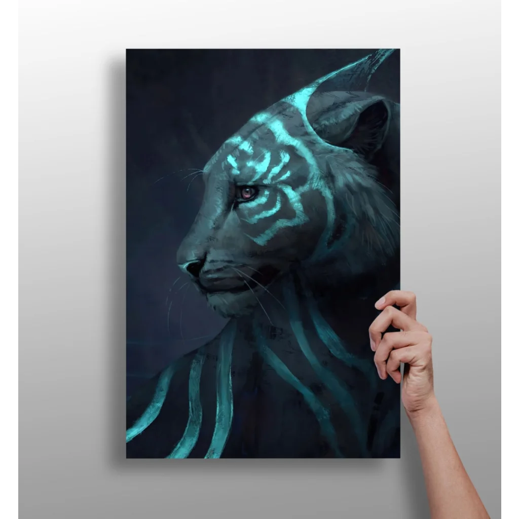 Glowing teal tiger canvas print with luminous stripes in digital art