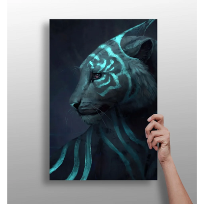 Glowing teal tiger canvas print with luminous stripes in digital art