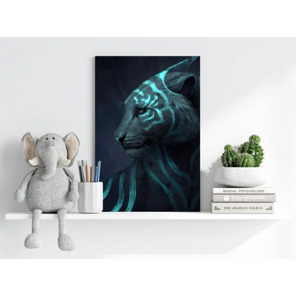 Stylized glowing teal tiger canvas print with luminous stripes