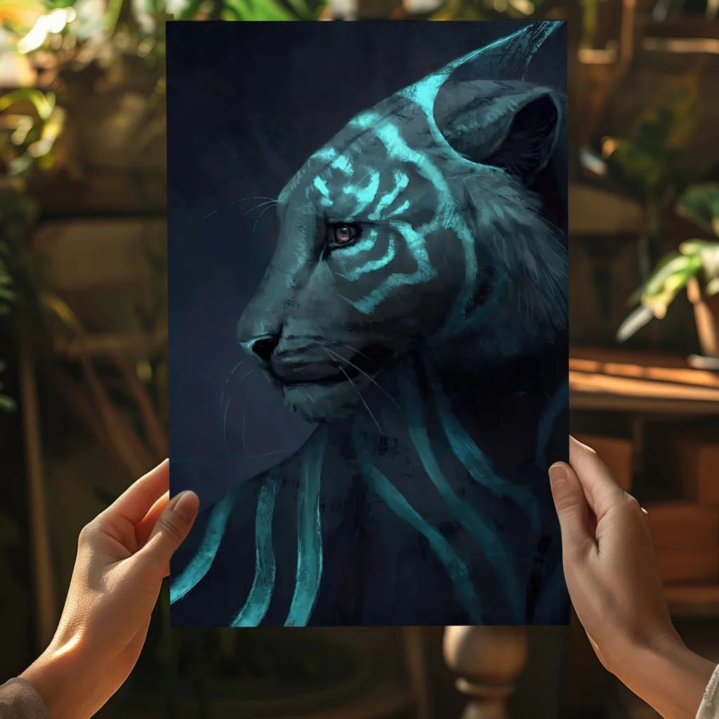 Dark-furred tiger with glowing teal stripes and red eye in hands