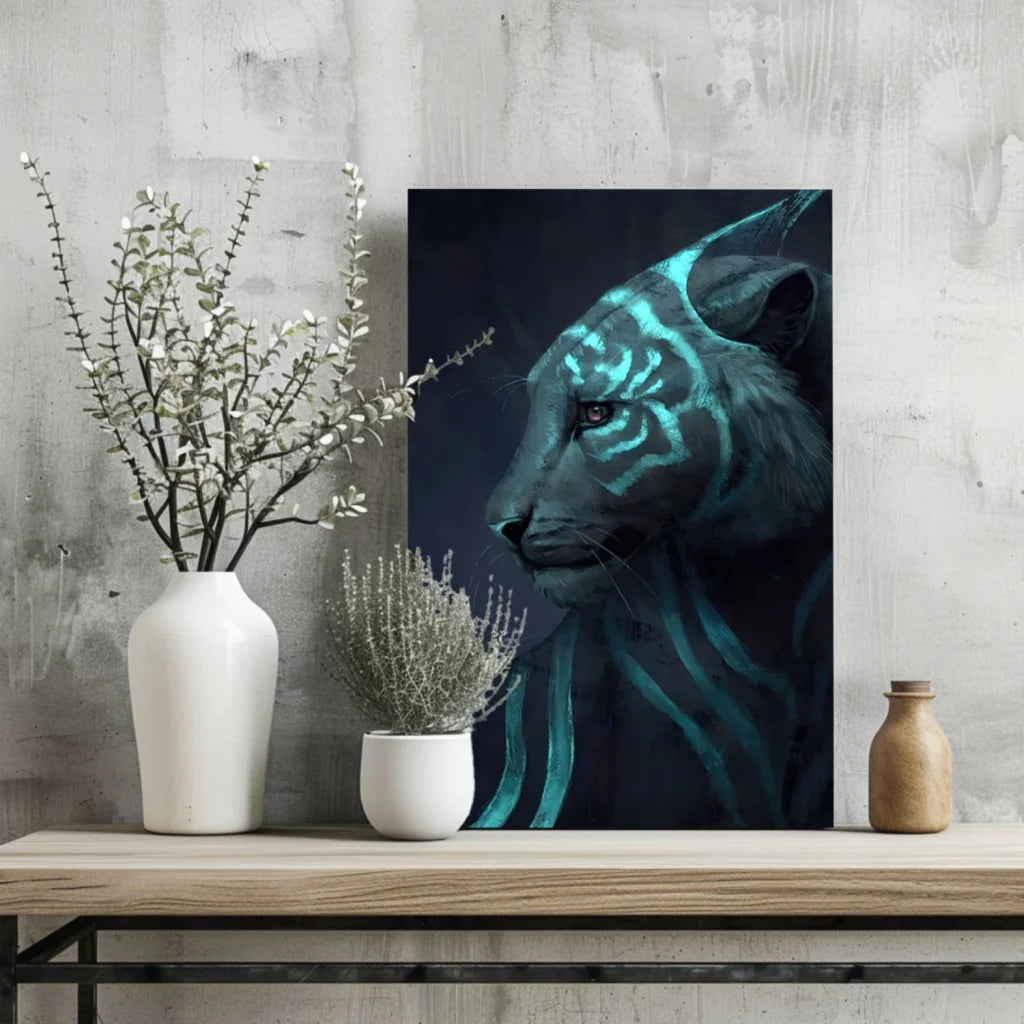 Stylized tiger with glowing teal stripes on dark canvas print