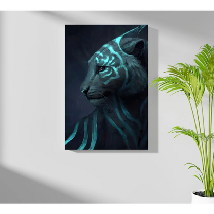 Glowing teal tiger canvas print with luminous stripes