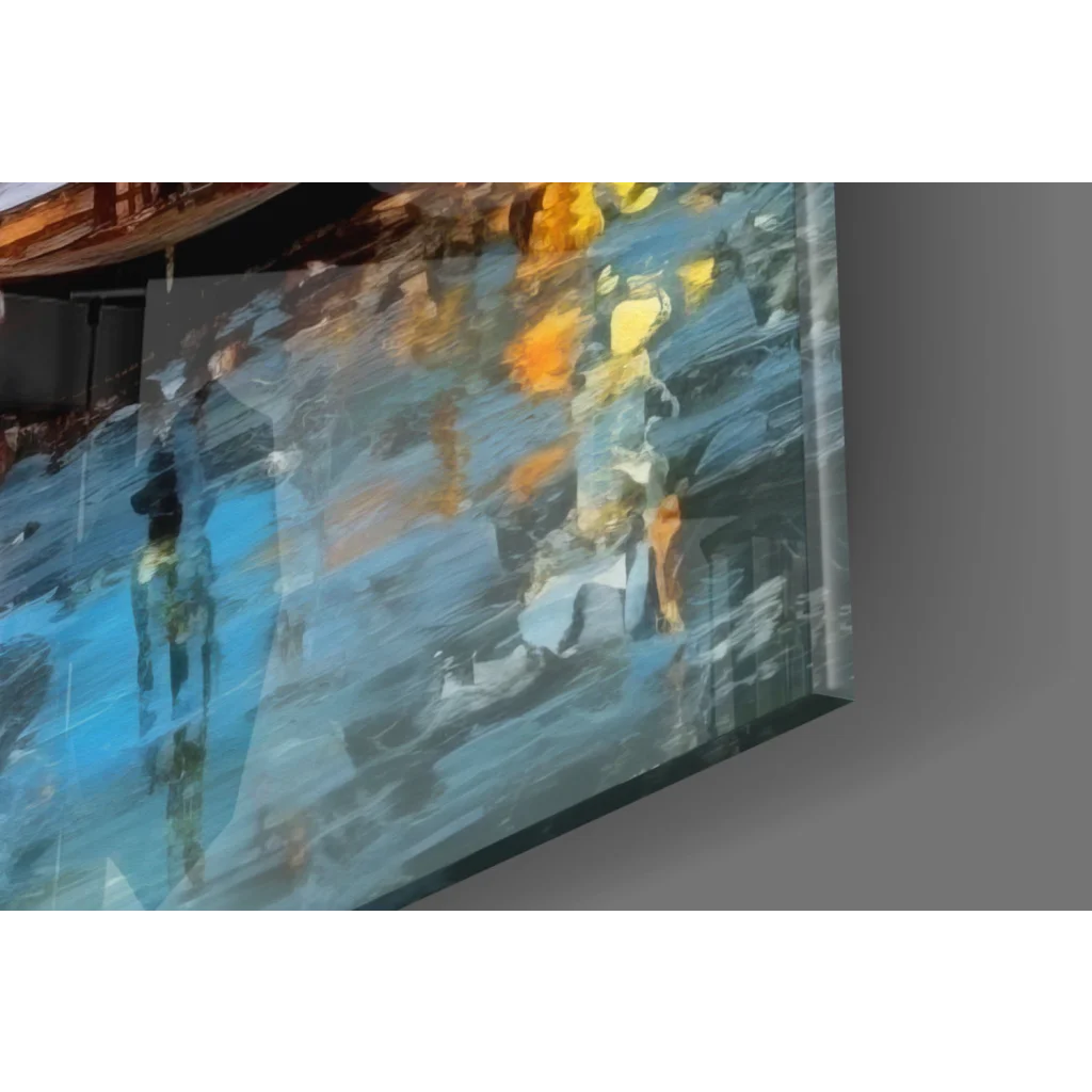 Abstract swirling blue orange gray glass wall art of glowing waterfront city at dusk