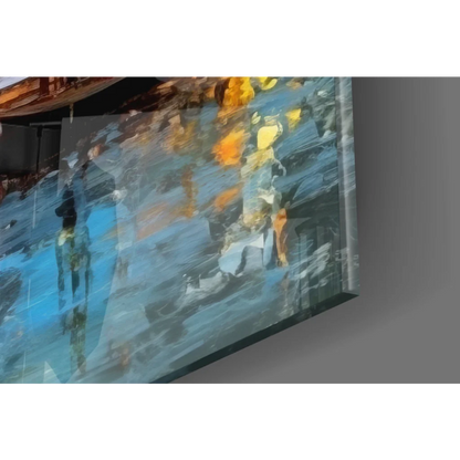 Abstract swirling blue orange gray glass wall art of glowing waterfront city at dusk