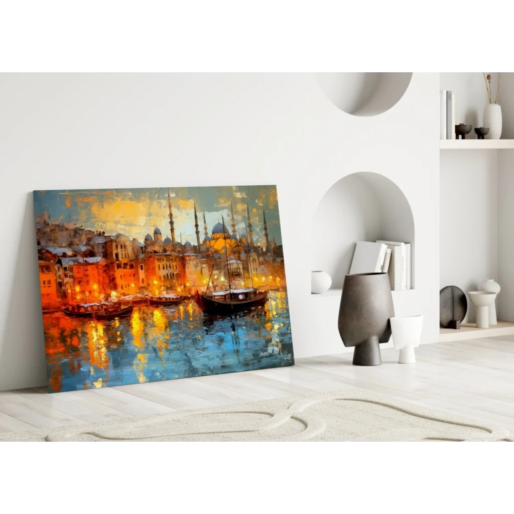 Vibrant dusk city waterfront canvas wall art with glowing lights
