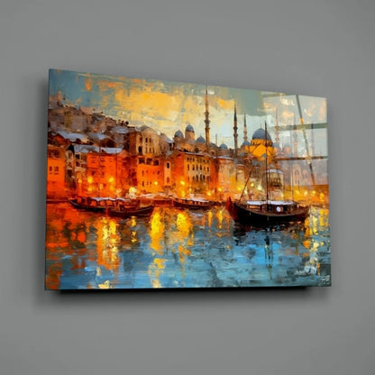 Vibrant dusk waterfront wall art with glowing city lights and boats