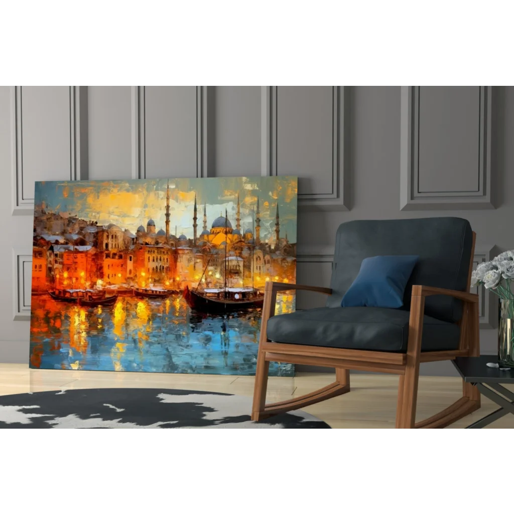 Vibrant orange and blue dusk cityscape wall art with minarets