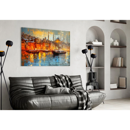 Vibrant orange blue cityscape glass wall art with reflective water above black sofa