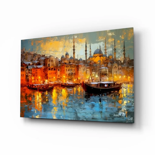 Vibrant impressionist dusk cityscape wall art with minarets and boats