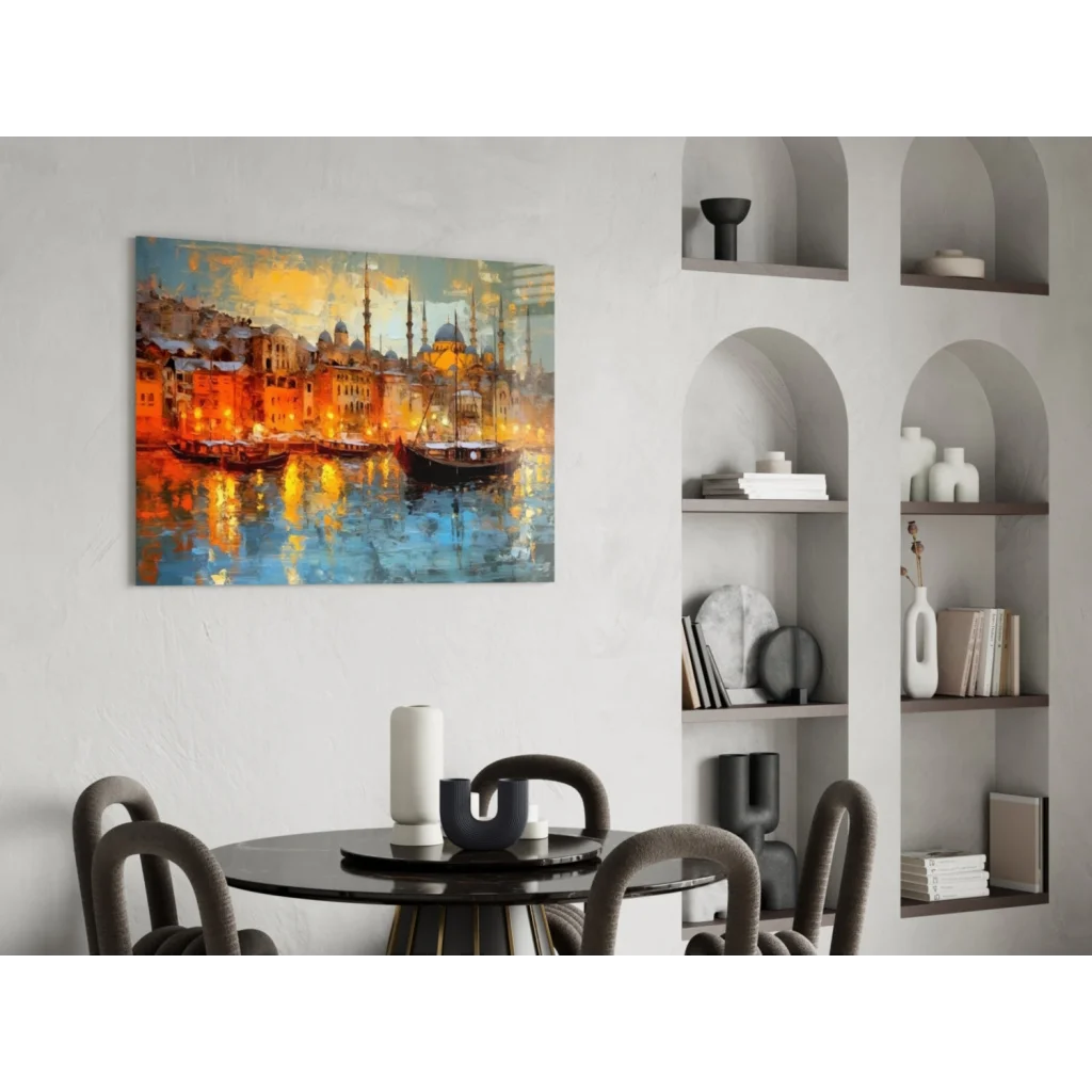 Vibrant impressionist glowing waterfront city wall art at dusk