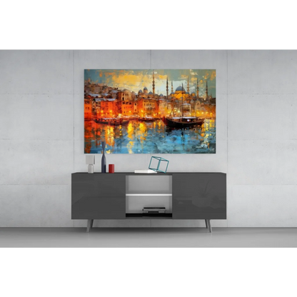 Vibrant impressionist glowing Istanbul harbor wall art at dusk