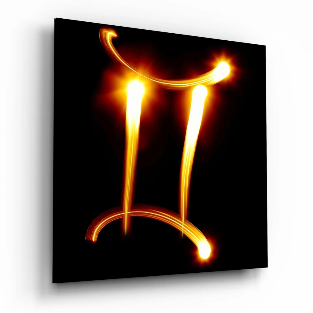 Glowing golden Gemini zodiac glass art on tempered glass