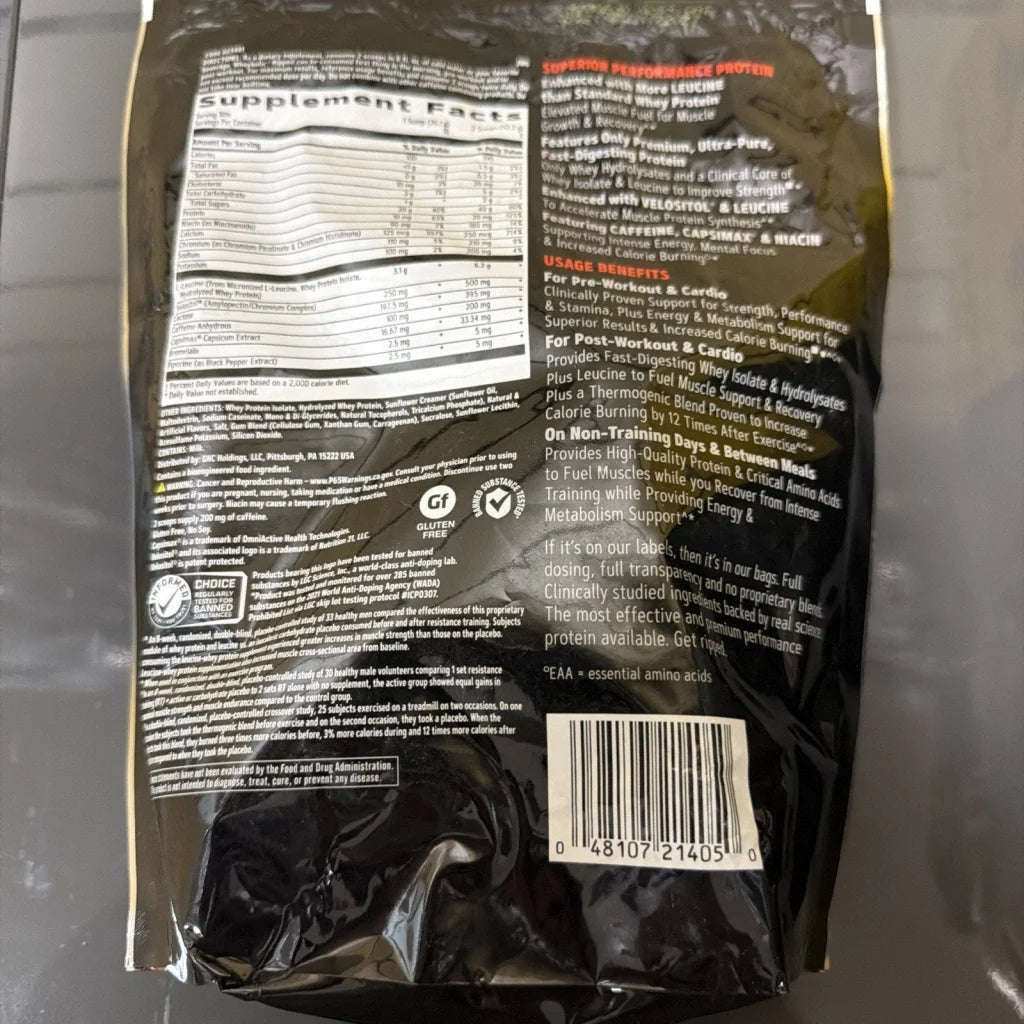 Back of GNC AMP Wheybolic Ripped vanilla protein powder bag