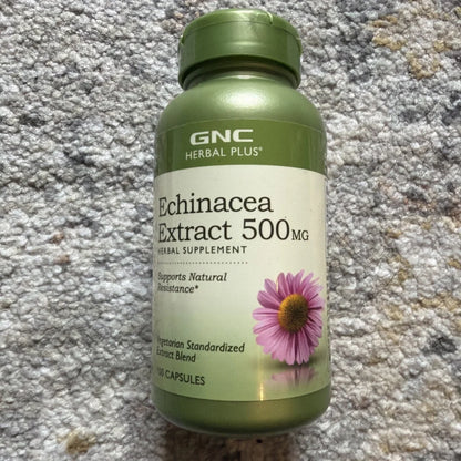GNC Herbal Plus Echinacea Extract 500mg bottle with pink flower