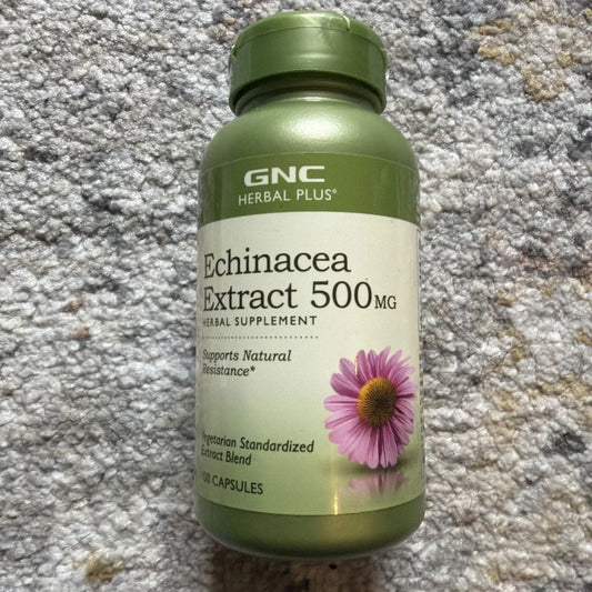GNC Herbal Plus Echinacea Extract 500mg bottle with pink flower