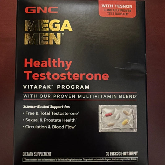 GNC Mega Men Healthy Testosterone vitapak box with gold red lettering