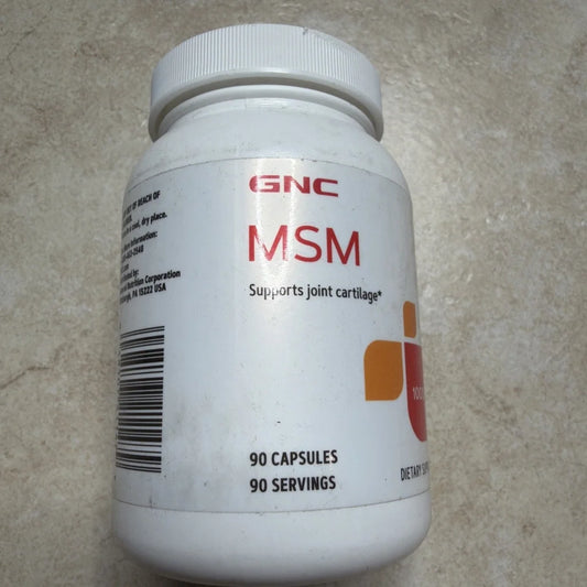 GNC MSM 1000mg capsules in white bottle, support healthy joint cartilage