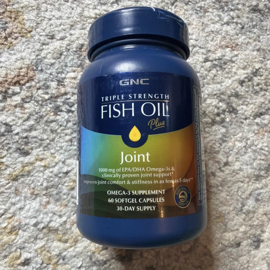 GNC Triple Strength Fish Oil Plus Joint supplement bottle, dark blue cap