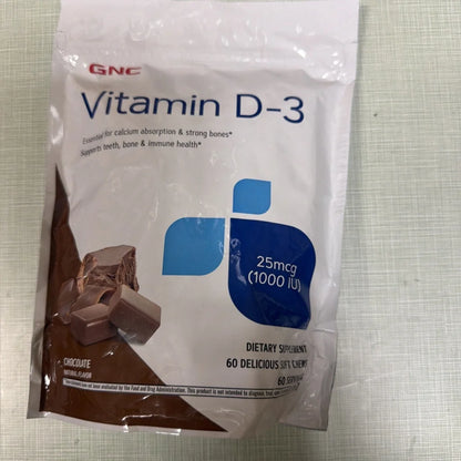GNC Vitamin D-3 soft chews 1000IU chocolate flavor package