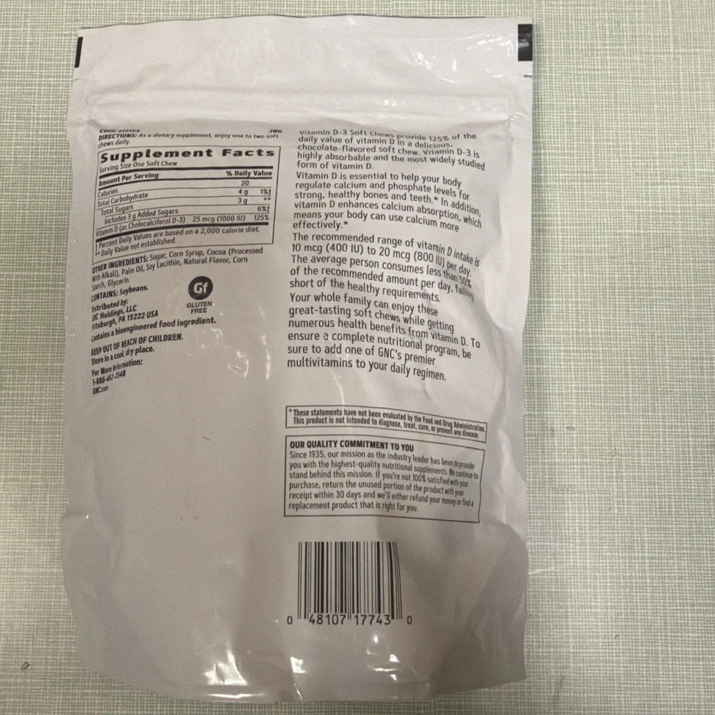 GNC Vitamin D-3 soft chews 1000IU chocolate white plastic package