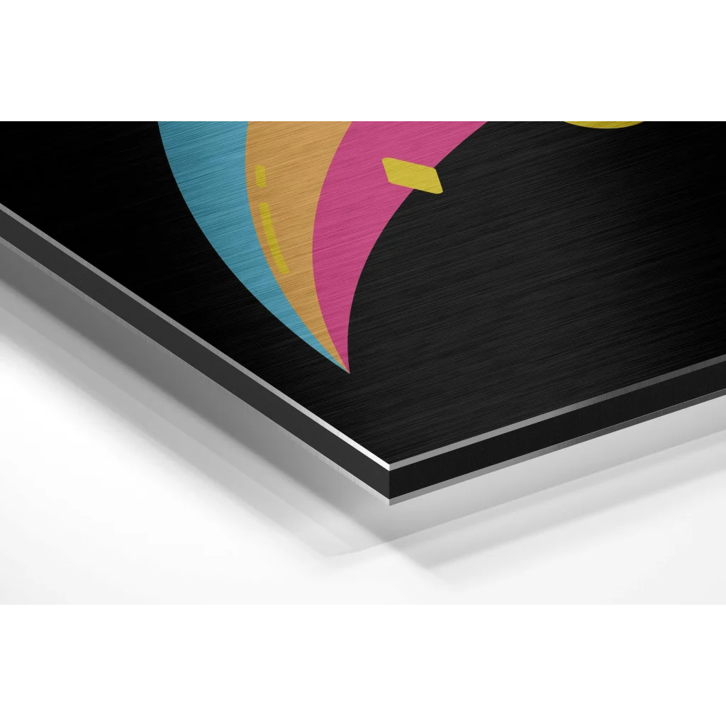 Glass Wall Art Vibrant brushed aluminium dibond wall art with bold pink, teal, yellow abstract curves