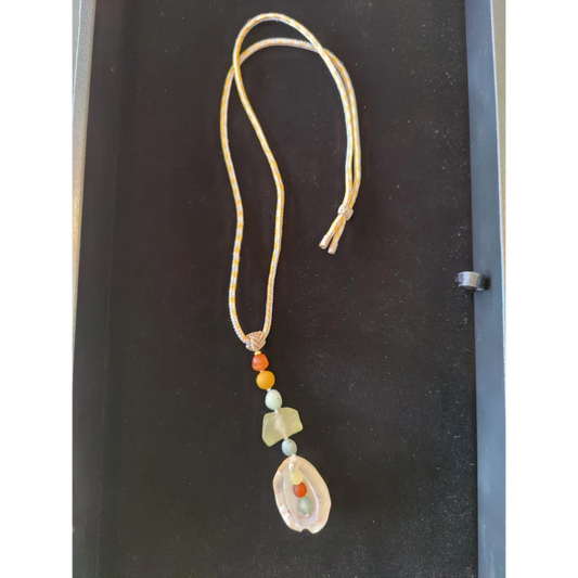 Gobi Desert agate necklace with gold cord, beads and shell pendant