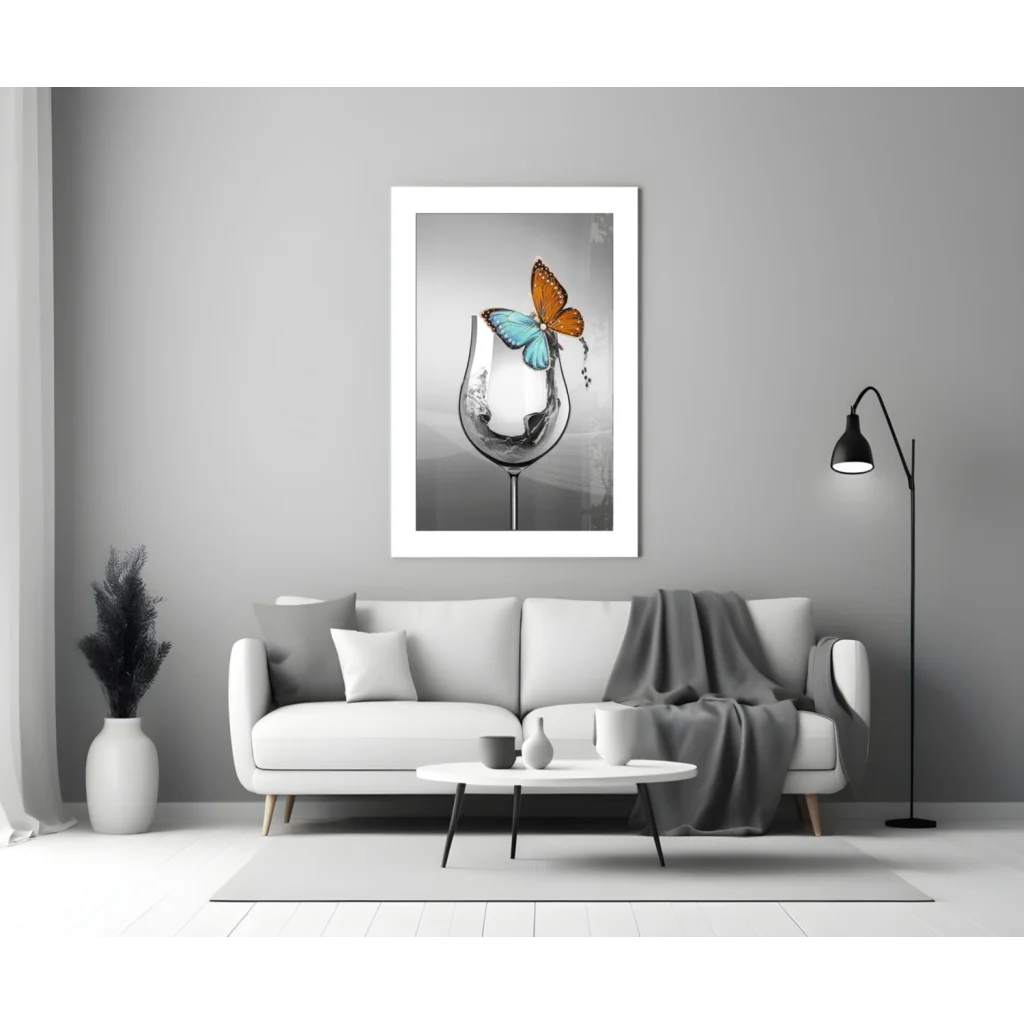 Vibrant butterfly on empty wine glass in glass wall art print