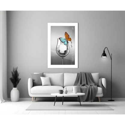 Vibrant butterfly on empty wine glass in glass wall art print