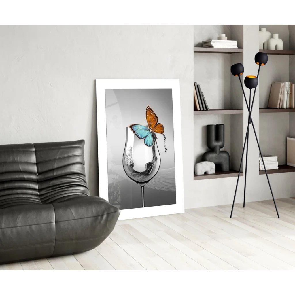 Vibrant orange and blue butterfly on glass wall art print