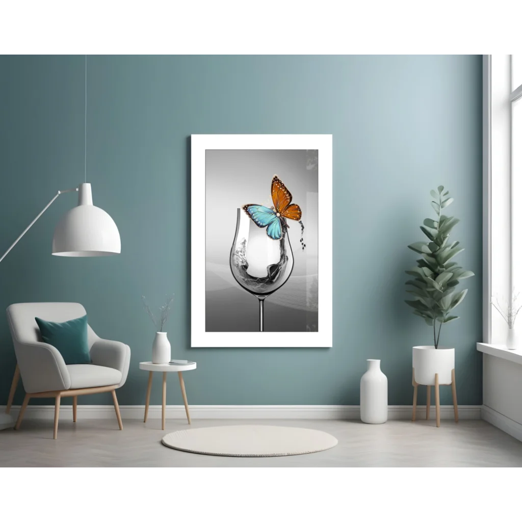 Vibrant butterfly on wine glass in glass wall art print